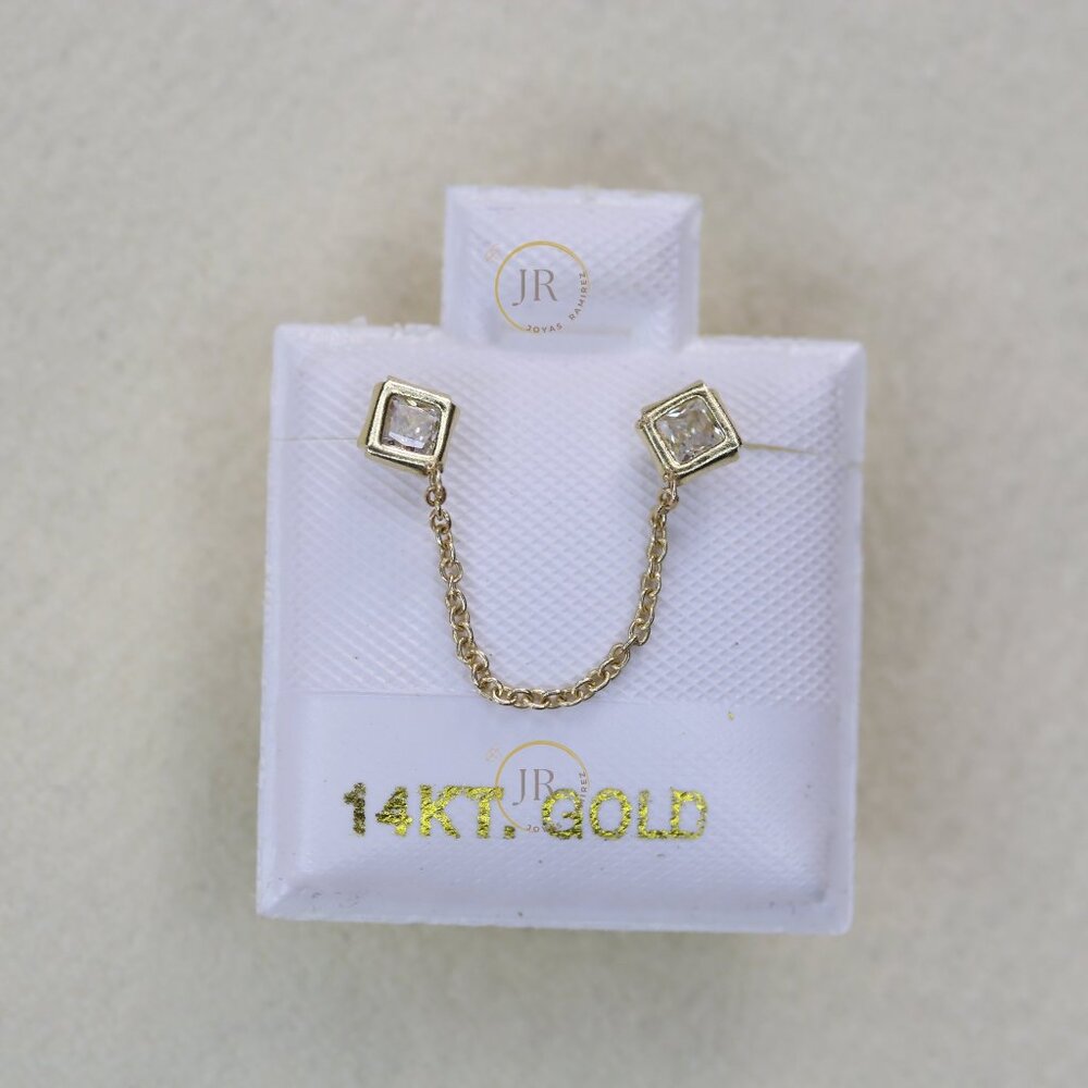 14K Solid Gold Double Square Chain Earrings with Cubic Zirconia · Luxury Stud.